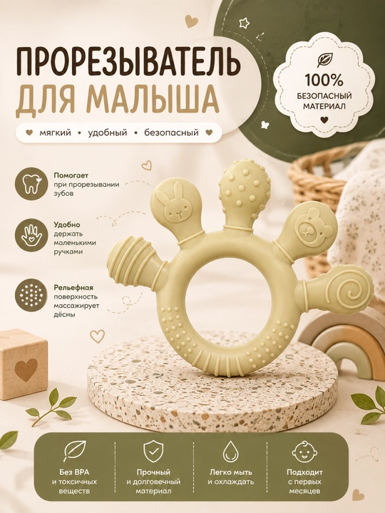 Силиконовый прорезыватель для малышей с рельефными элементами, игрушка для массажа дёсен