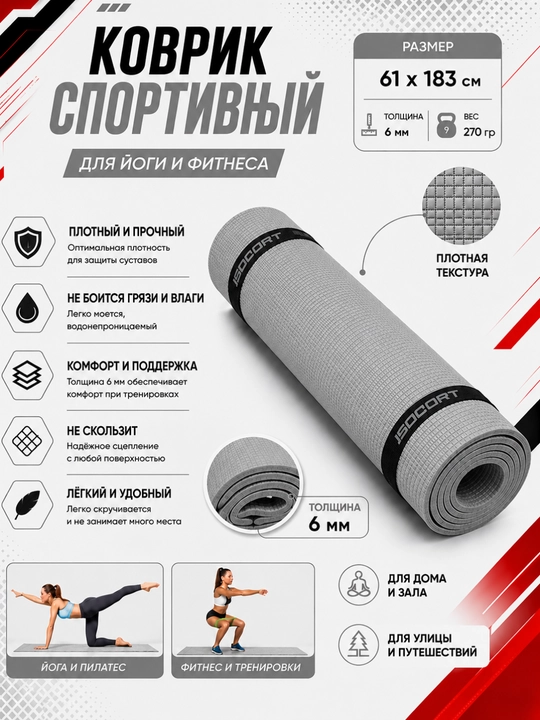 Коврик для йоги и фитнеса, спортивный, 61 x 183 x 0.4 см, 0.6 см и 0.8 см