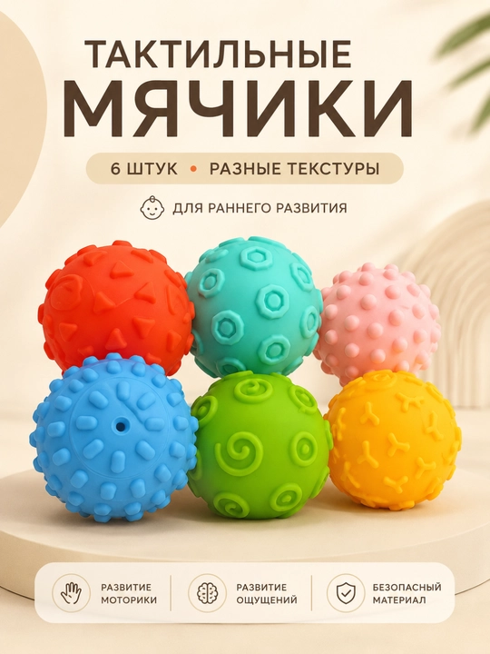 Набор тактильных сенсорных мячиков для детей, 6 штук - 