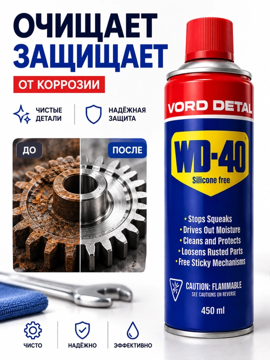WD40 ko‘p funksiyali aerozol moyi, avtomobil va uy uchun zanglashga qarshi sprey 450 ml