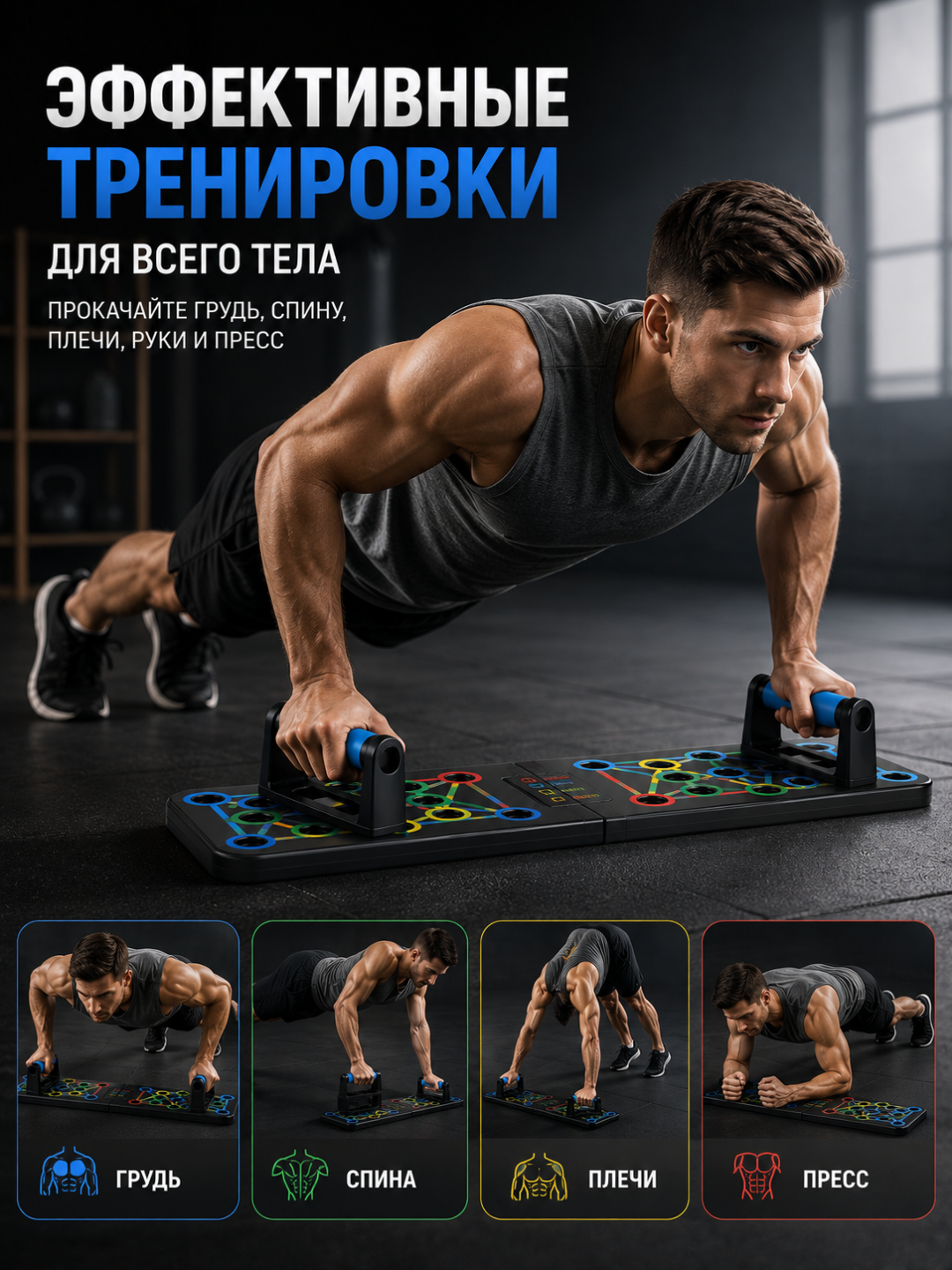 Платформа-доска для отжиманий Push Up Board с упорами и эспандерами