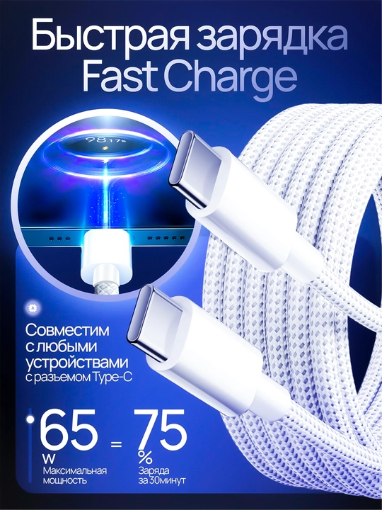 Кабель Type-C to Type-C проводной 60W для iPhone подходит для iPhone 15, 16 pro/pro max