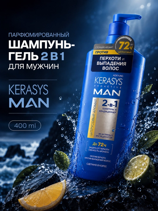 Kerasys Proactive Man шампунь 2в1 против перхоти с цитрусовым ароматом 400 мл