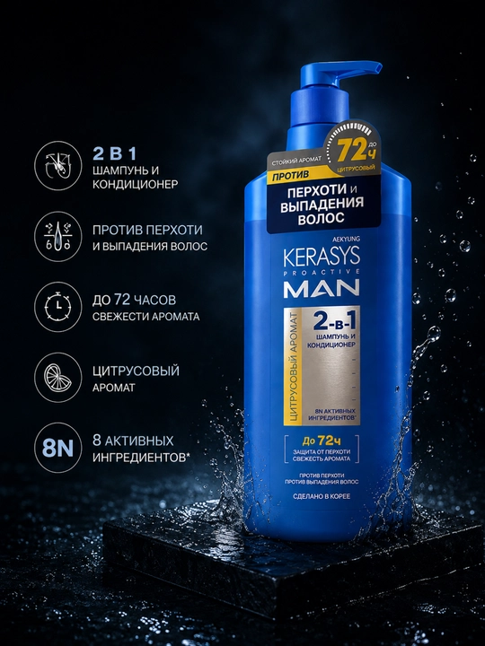 Kerasys Proactive Man шампунь 2в1 против перхоти с цитрусовым ароматом 400 мл - 