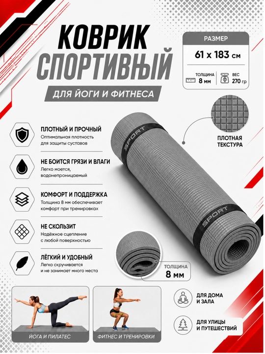 Коврик для йоги и фитнеса, спортивный, 61 x 183 x 0.4 см, 0.6 см и 0.8 см