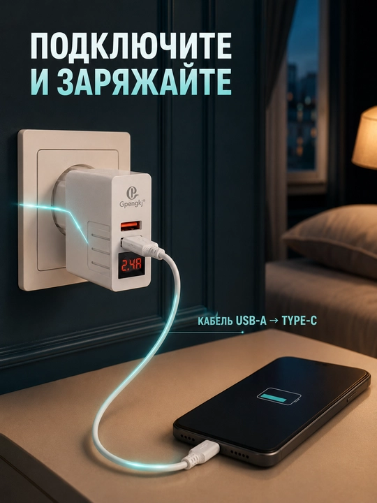 Сетевое зарядное устройство Gpengkj для телефона, 2 USB, дисплей, 2,4 А, кабель 1 м