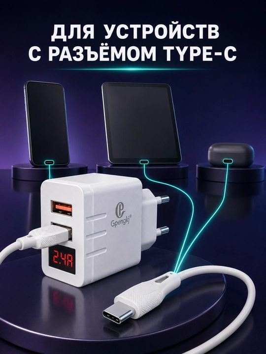 Сетевое зарядное устройство Gpengkj для телефона, 2 USB, дисплей, 2,4 А, кабель 1 м