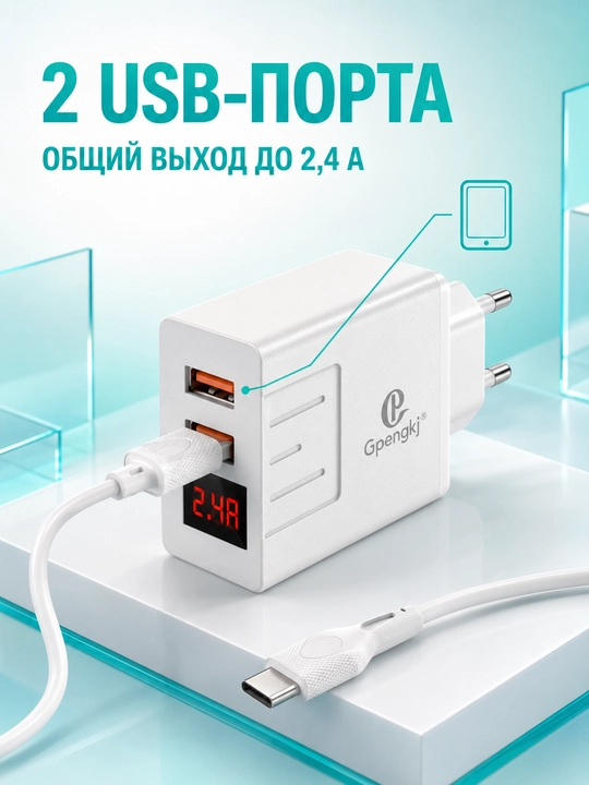 Сетевое зарядное устройство Gpengkj для телефона, 2 USB, дисплей, 2,4 А, кабель 1 м