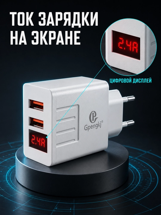 Сетевое зарядное устройство Gpengkj для телефона, 2 USB, дисплей, 2,4 А, кабель 1 м