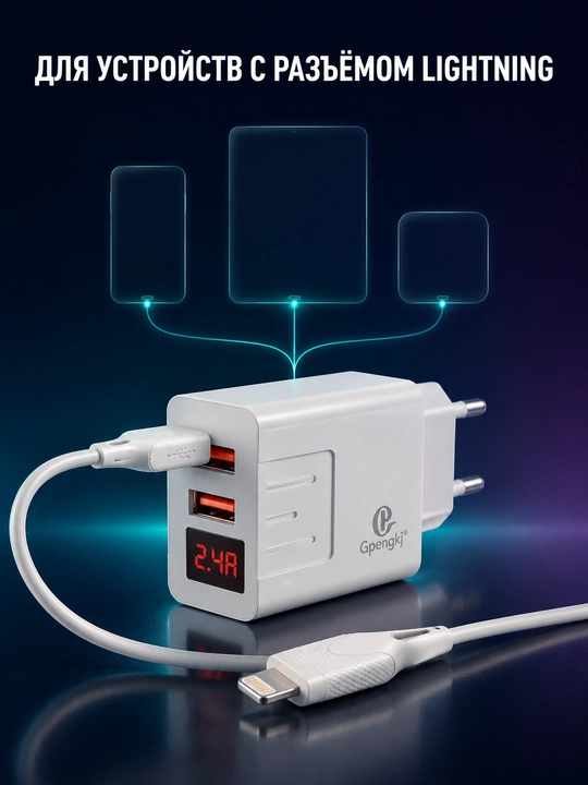 Сетевое зарядное устройство Gpengkj для телефона, 2 USB, дисплей, 2,4 А, кабель 1 м