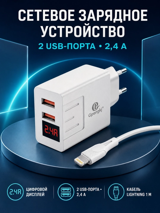 Сетевое зарядное устройство Gpengkj для телефона, 2 USB, дисплей, 2,4 А, кабель 1 м - 