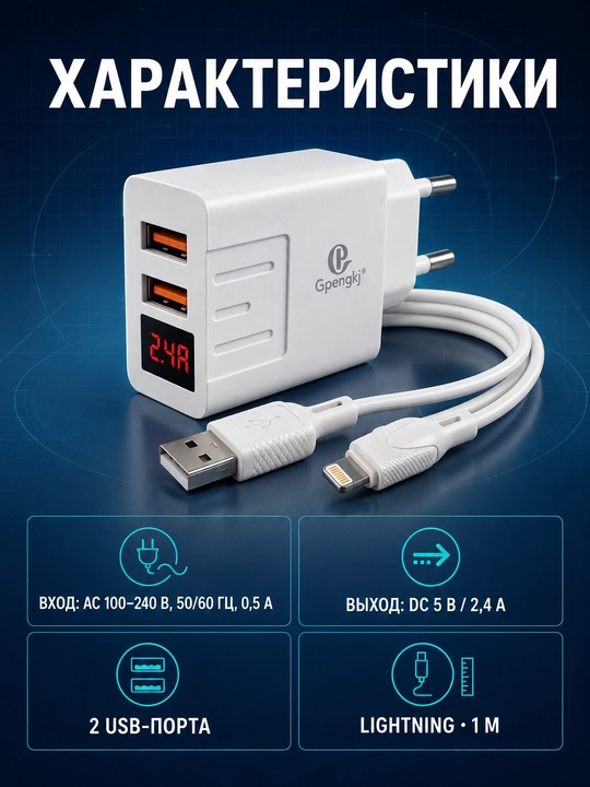 Сетевое зарядное устройство Gpengkj для телефона, 2 USB, дисплей, 2,4 А, кабель 1 м