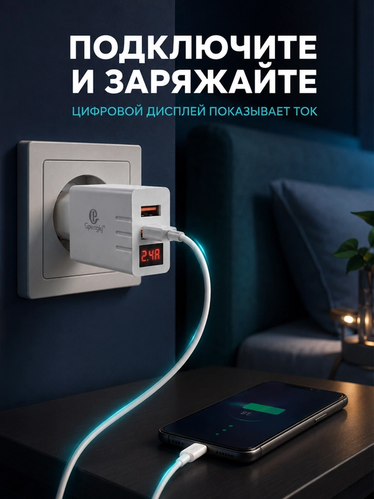 Сетевое зарядное устройство Gpengkj для телефона, 2 USB, дисплей, 2,4 А, кабель 1 м