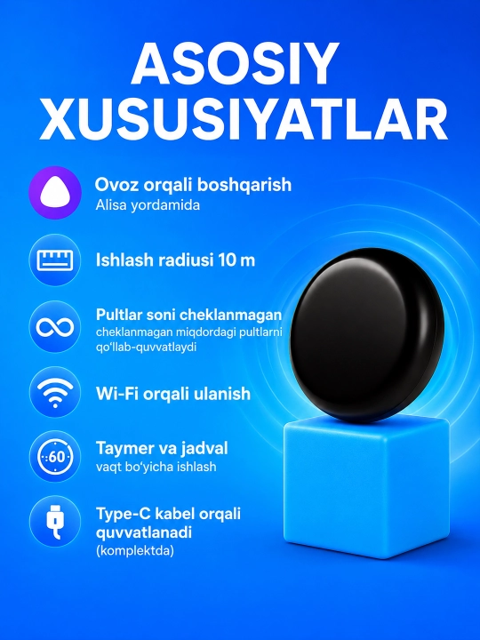 Tuya TY030 aqlli IK-pult Wi-Fi, Smart Life va Alisa orqali boshqarish