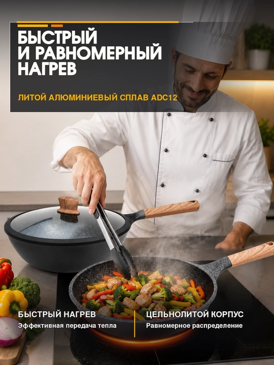 Набор посуды 3 в 1: кастрюля, сковорода и вок с антипригарным покрытием