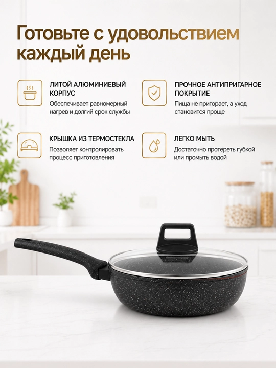 Сковорода со стеклянной крышкой, гранитное антипригарное покрытие, 22, 24, 26, 28 см