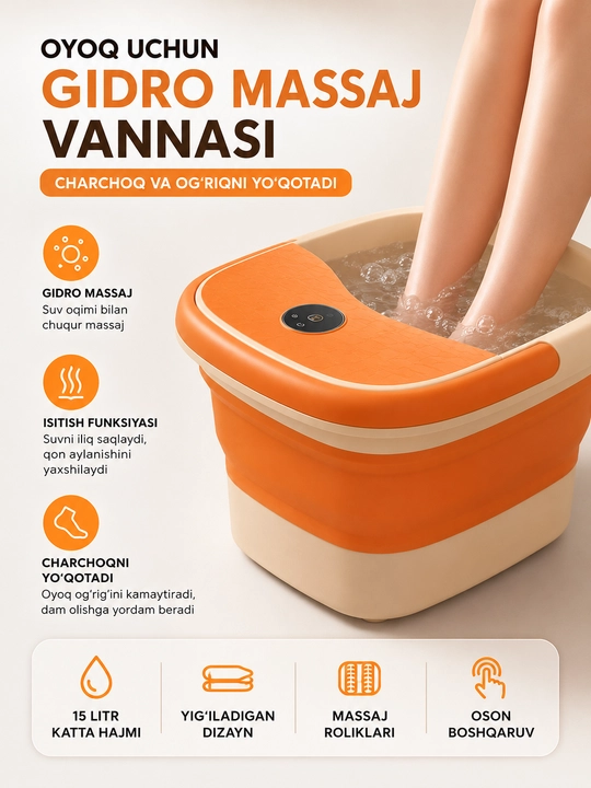Buklanadigan massajli oyoq vannasi — 15 litr sig'imli gidromassajli avtovanna - 