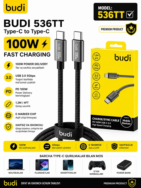 BUDI 536TT 100W Type-C to Type-C kabeli - 