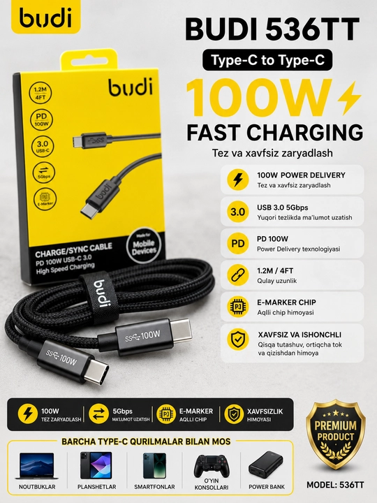 BUDI 536TT 100W Type-C to Type-C kabeli