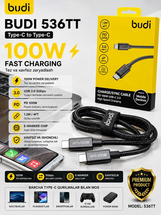 BUDI 536TT 100W Type-C to Type-C kabeli