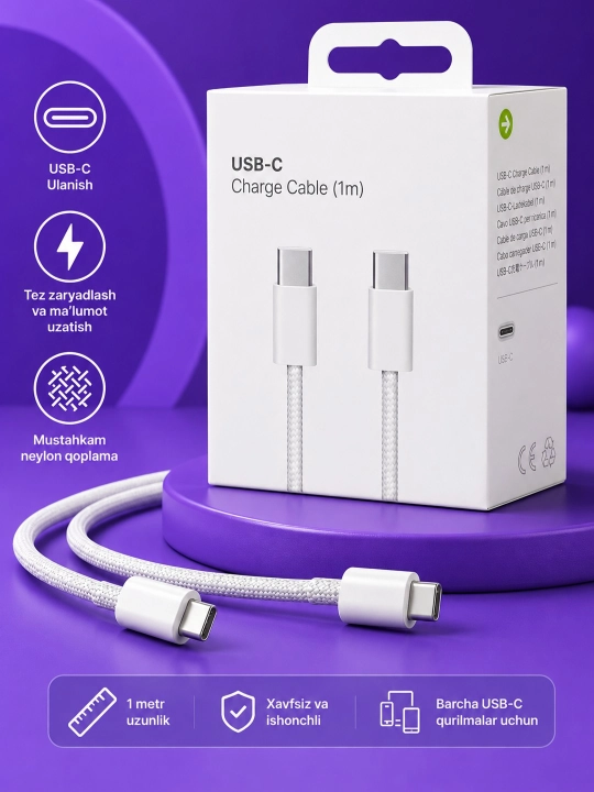 USB-C / USB-C zaryadlash va ma’lumot uzatish kabeli, 1 metr - 