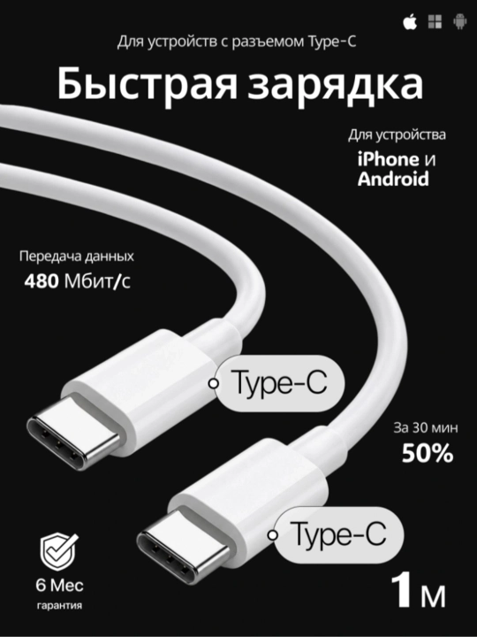 Кабель USB-C / USB-C для зарядки и передачи данных, 1 метр