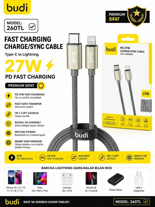 BUDI 260TL — Type-C → Lightning 27W kabel - 