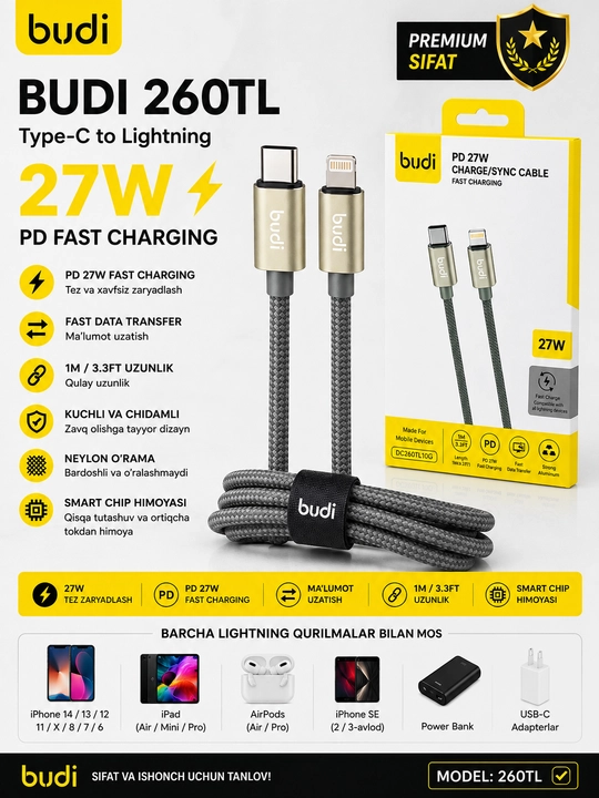 BUDI 260TL — Type-C → Lightning 27W kabel
