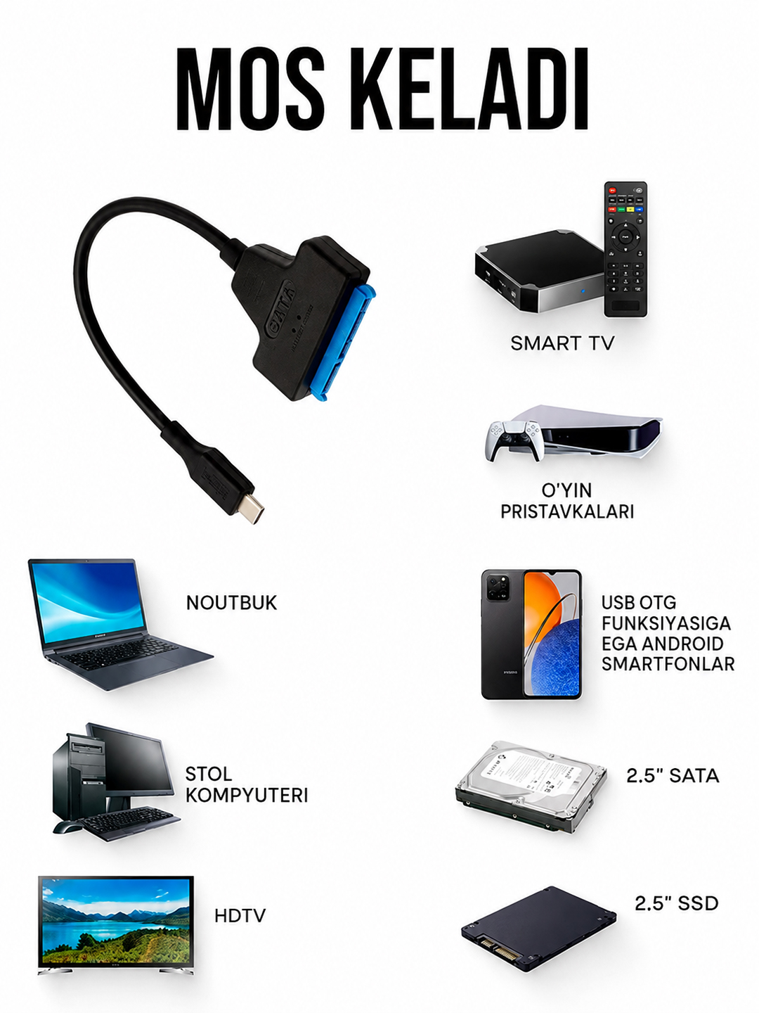 Адаптер USB 3.0 / Type-C — SATA III для 2.5" HDD и SSD, до 5 Гбит/с