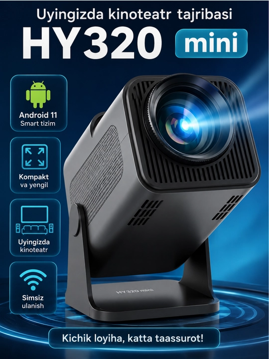 Smart HY320 mini proyektor, Wi-Fi, Android 11, uy va kino uchun portativ proyektor - 