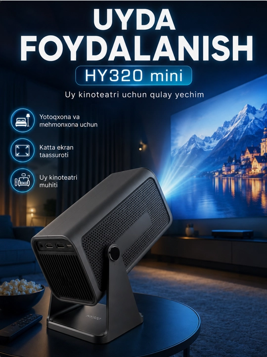 Smart HY320 mini proyektor, Wi-Fi, Android 11, uy va kino uchun portativ proyektor