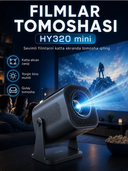 Smart HY320 mini proyektor, Wi-Fi, Android 11, uy va kino uchun portativ proyektor