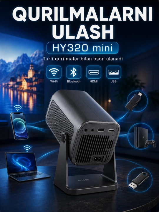 Smart HY320 mini proyektor, Wi-Fi, Android 11, uy va kino uchun portativ proyektor