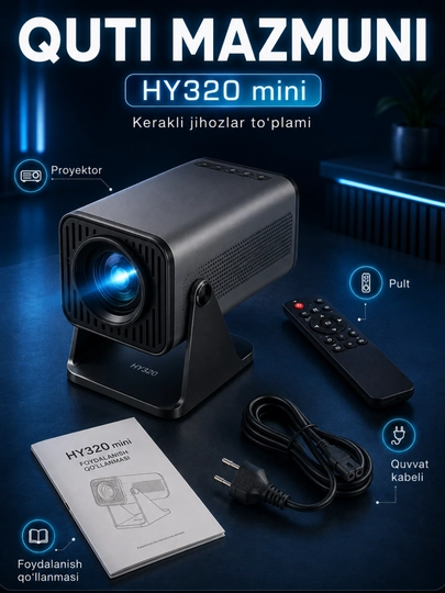 Smart HY320 mini proyektor, Wi-Fi, Android 11, uy va kino uchun portativ proyektor