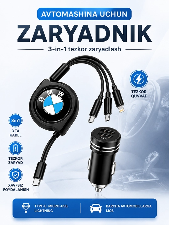 BMW 3 ta 1 da avtomobil quvvatlash to‘plami - Tez quvvatlash va ruletka kabeli - 