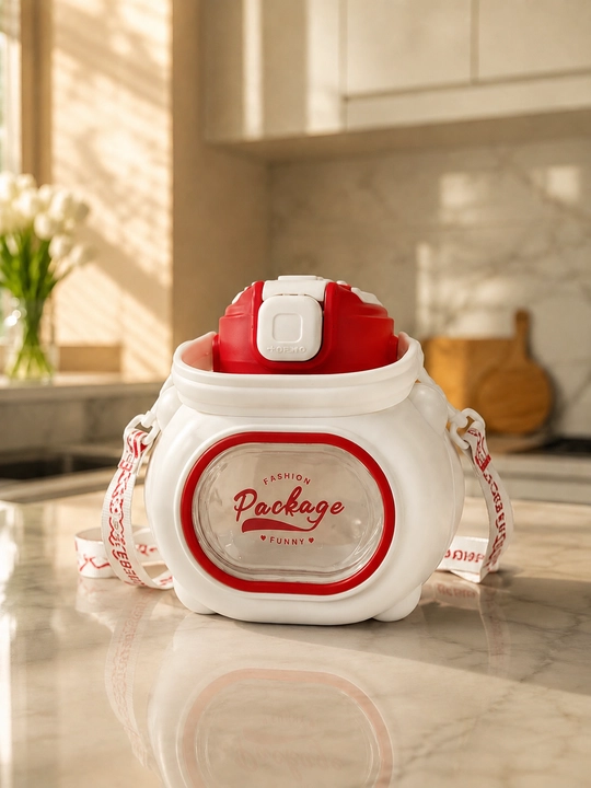 Bolalar uchun suv idishi 600 ml — silikon trubkachali, tugmali qopqoqli va tasma bilan - 