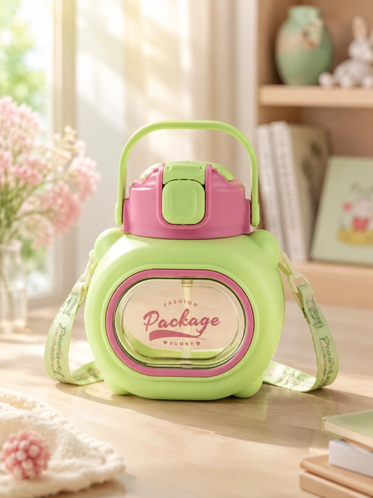 Bolalar uchun suv idishi 600 ml — silikon trubkachali, tugmali qopqoqli va tasma bilan - 