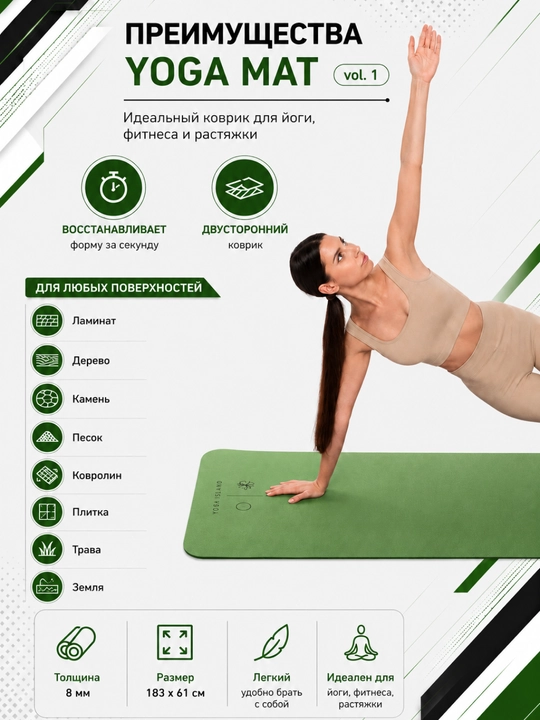 Коврик для йоги и фитнеса, спортивный, 61 x 183 x 0.4 см, 0.6 см и 0.8 см