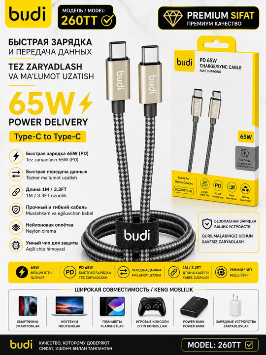 BUDI 260TT — Type-C → Type-C 65W kabel - 
