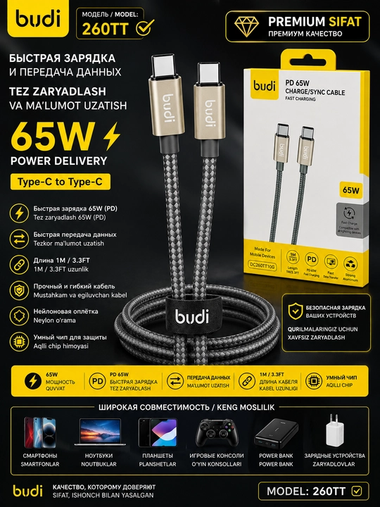 BUDI 260TT — Type-C → Type-C 65W kabel
