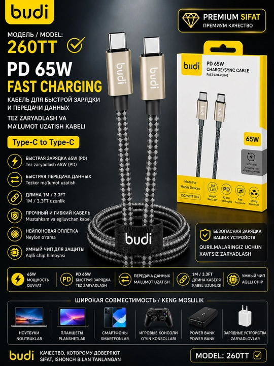 BUDI 260TT — Type-C → Type-C 65W kabel