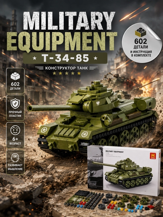 Harbiy tank konstruktori 602 detal, bolalar uchun yig‘ish to‘plami - 