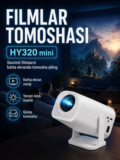 Smart HY320 mini proyektor, Wi-Fi, Android 11, uy va kino uchun portativ proyektor