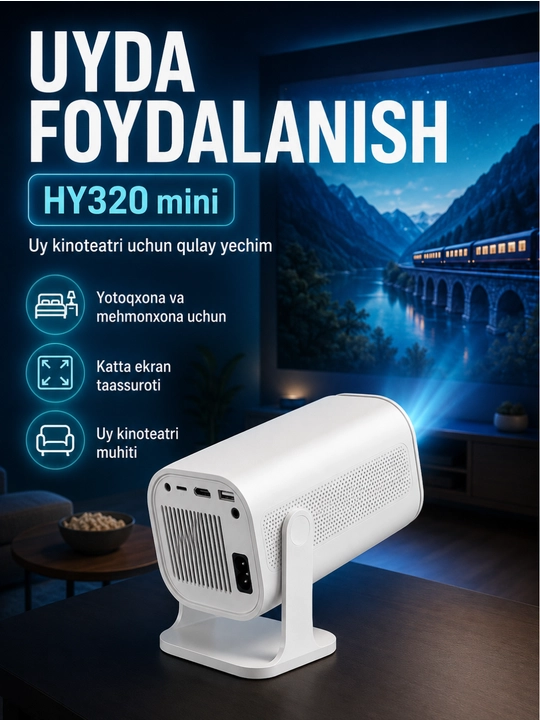 Smart HY320 mini proyektor, Wi-Fi, Android 11, uy va kino uchun portativ proyektor