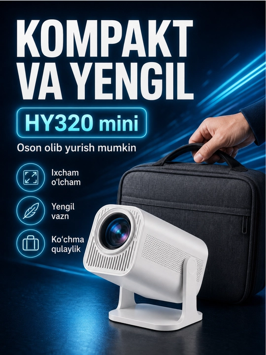 Smart HY320 mini proyektor, Wi-Fi, Android 11, uy va kino uchun portativ proyektor