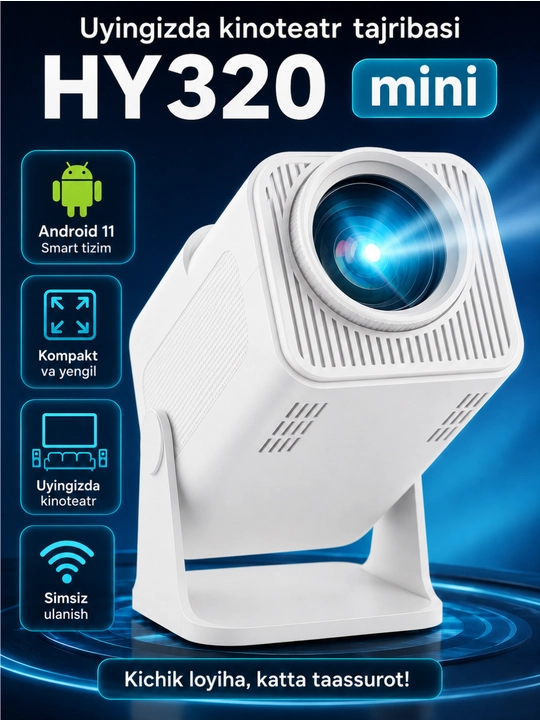 Smart HY320 mini proyektor, Wi-Fi, Android 11, uy va kino uchun portativ proyektor - 