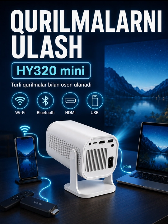 Smart HY320 mini proyektor, Wi-Fi, Android 11, uy va kino uchun portativ proyektor