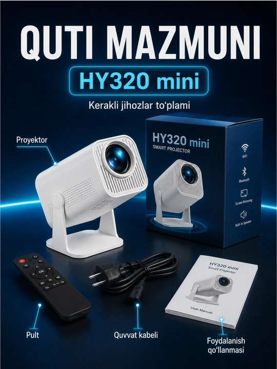 Smart HY320 mini proyektor, Wi-Fi, Android 11, uy va kino uchun portativ proyektor