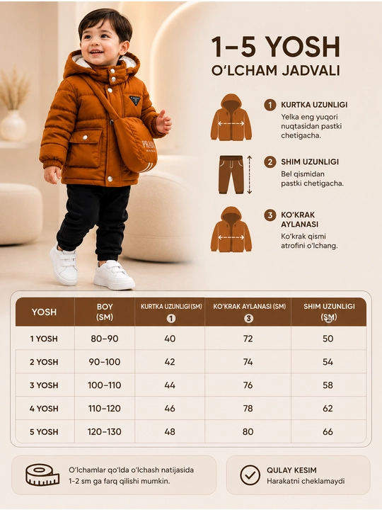 O'g'il bolalar qishki kurtkasi, kapyushonli, sumkali, issiq sinteponli, 1–5 yosh