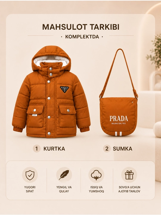 O'g'il bolalar qishki kurtkasi, kapyushonli, sumkali, issiq sinteponli, 1–5 yosh
